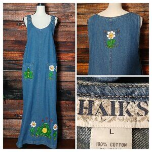 Haiks Maxi Denim Jumper Dress Size L Vintage Hand Painted Frogs & Flowers Slits